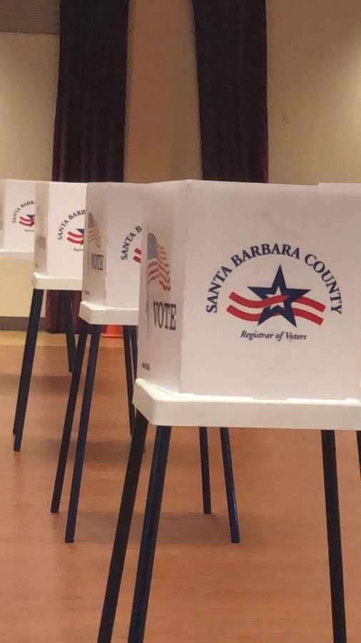 Voting booths at a Santa Barbara County voting location await registered voters during the November 2020 election.