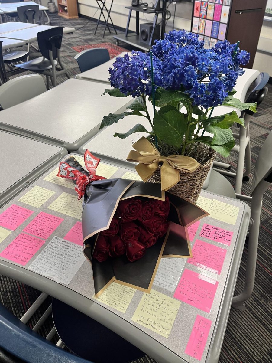 Annies desk before it was moved to new building in Ms. Claboughs old classroom. The desk is covered with flowers and notes from students and loved ones. 

Photo Credits to Ms. Clabough